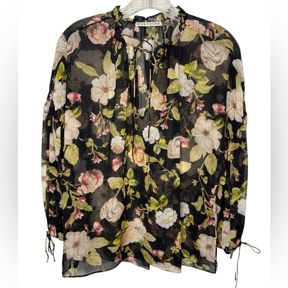 Alice + Olivia Julius Floral Silk Blouse Boho Tie Neck Blouson Sleeve Small - Picture 2 of 5